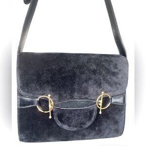 Vintage Gucci horse-bit shoulder bag all suede and leather in navy blue auth.